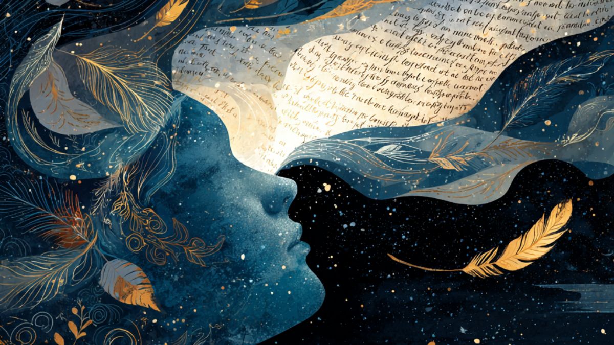 Abstract illustration of a human face blending with flowing text, feathers, and stars, symbolizing the connection between poetry, imagination, and psychology.