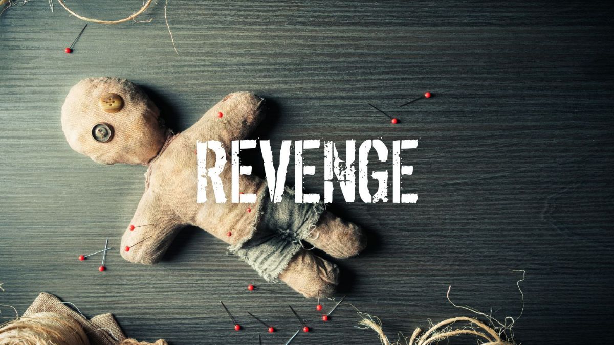 A symbolic image representing the psychology of revenge, showing a handmade voodoo doll with pins and string on a dark wooden surface, illustrating themes of anger, retaliation, and emotional tension. A symbolic image representing the psychology of revenge, showing a handmade voodoo doll with pins and string on a dark wooden surface, illustrating themes of anger, retaliation, and emotional tension.