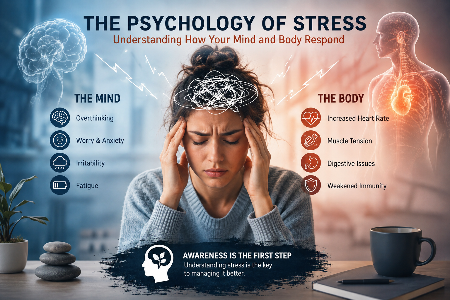 Illustration of how stress affects the mind and body, including overthinking, anxiety, fatigue, increased heart rate, and muscle tension.