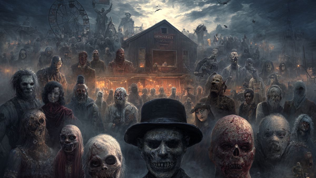 A crowd of eerie, ghostly figures gathered outside a haunted house, symbolizing the psychology of recreational fear and why people enjoy feeling scared.