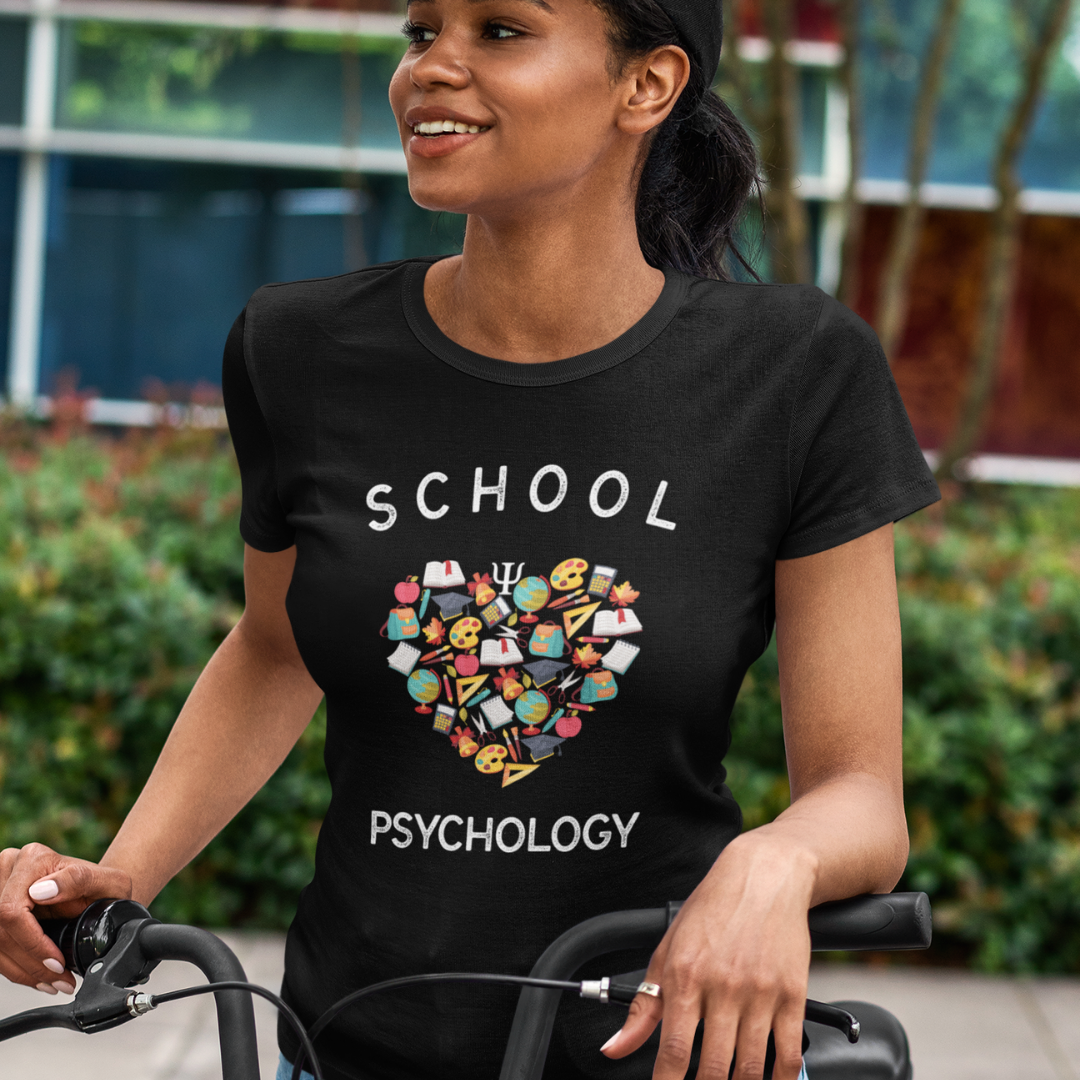 Young woman wearing school psychology t-shirt.