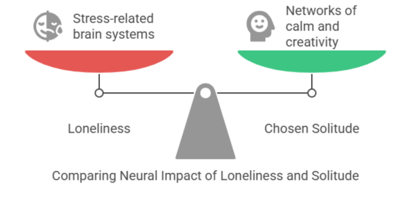Infographic comparing the neural impact of loneliness and solitude, showing loneliness activating stress-related brain systems and chosen solitude linked to calm and creativity networks.