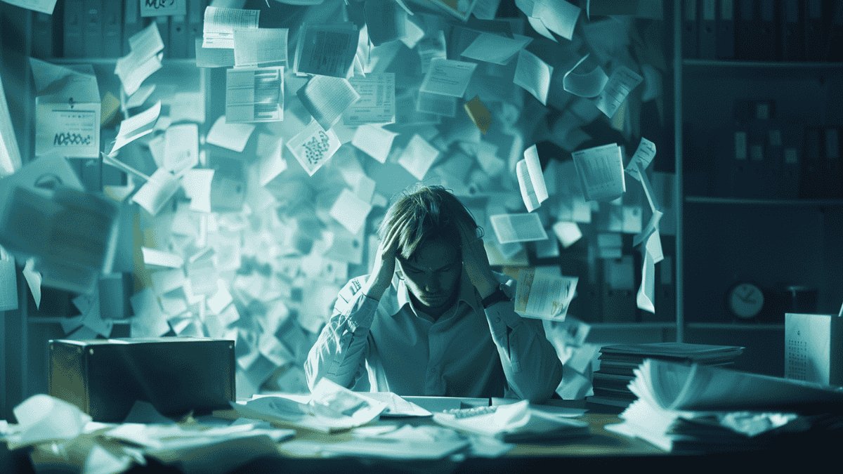 Overwhelmed person surrounded by paperwork, representing how stress and cognitive load affect decision-making Overwhelmed person surrounded by paperwork, representing how stress and cognitive load affect decision-making