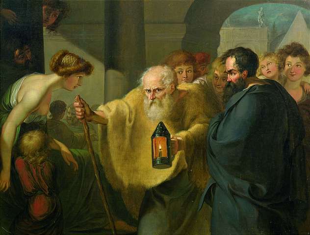 Painting of Greek philosopher Diogenes looking for an honest man