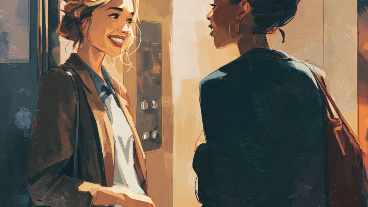 Two women smiling and chatting in an elevator, illustrating how small talk helps build connection and ease social interaction.
