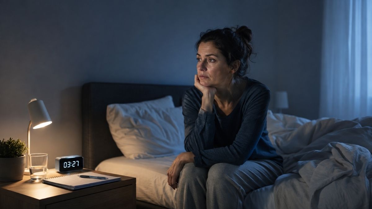 Woman sitting awake on the edge of a bed at night, illustrating chronic insomnia and the perpetuating factors targeted by CBT-I.