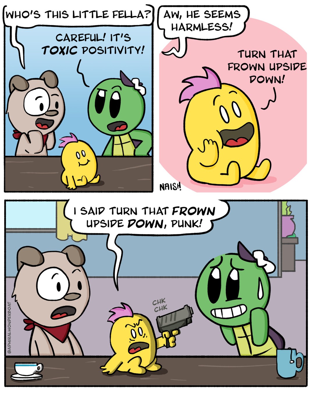 Cartoon character representing toxic positivity aggressively tells others to "turn that frown upside down," highlighting the harmful side of forced optimism