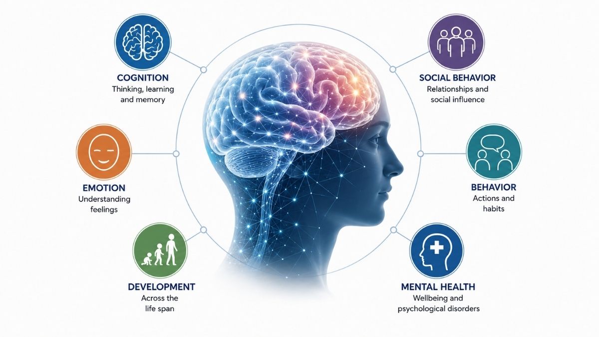 Psychology infographic showing a human brain connected to cognition, emotion, development, social behavior, behavior, and mental health.