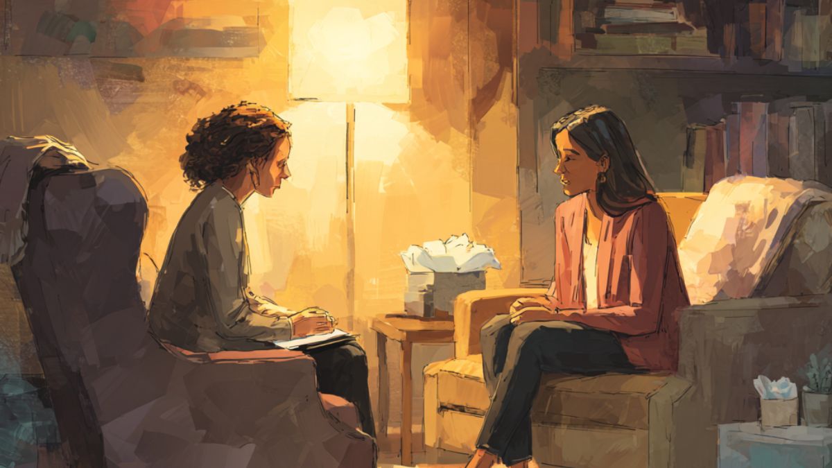 Illustration of a therapy session showing a psychotherapist and patient in conversation, symbolizing moments of reflection when therapy stalls or progress slows. Illustration of a therapy session showing a psychotherapist and patient in conversation, symbolizing moments of reflection when therapy stalls or progress slows.