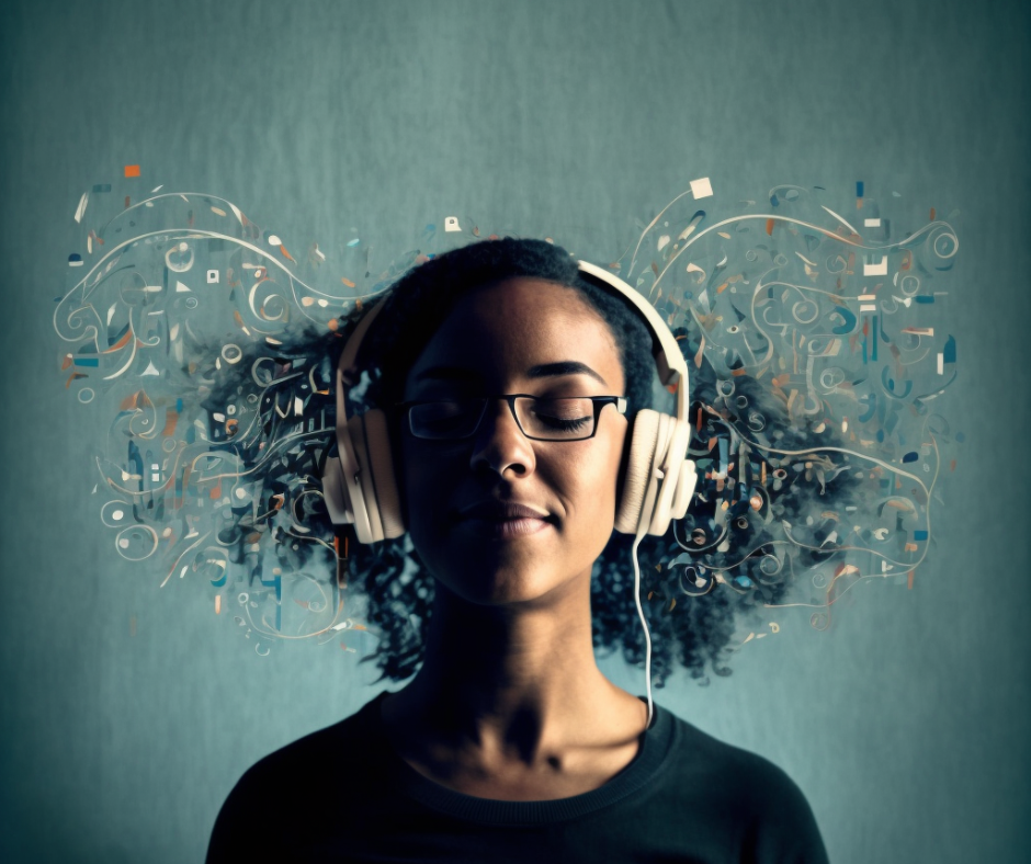 Woman with headphones listening to music.